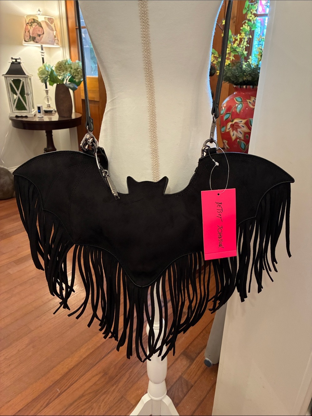 Betsey Johnson Black Bat Fringe Crossbody Bag with Suede Finish